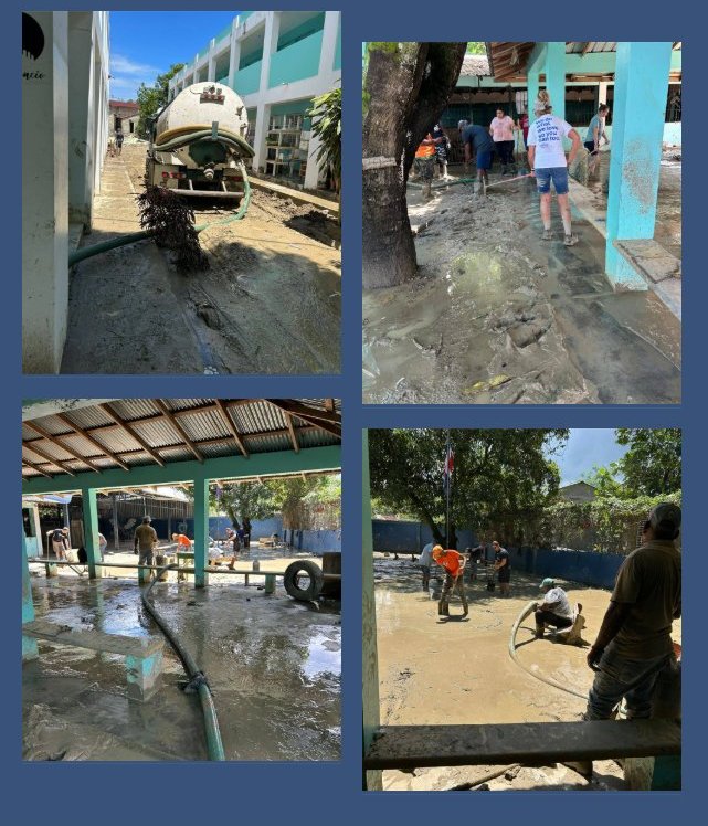 Four photos of community members, Makarios staff, and volunteers pumping water, shoveling mud, and cleaning the Makarios school grounds together after the flood.
