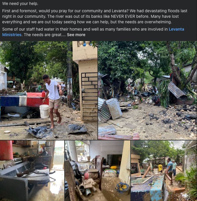 A Facebook post from Margaret Denman Beck showing the post text and multiple photos of flood damage to homes in Montellano.