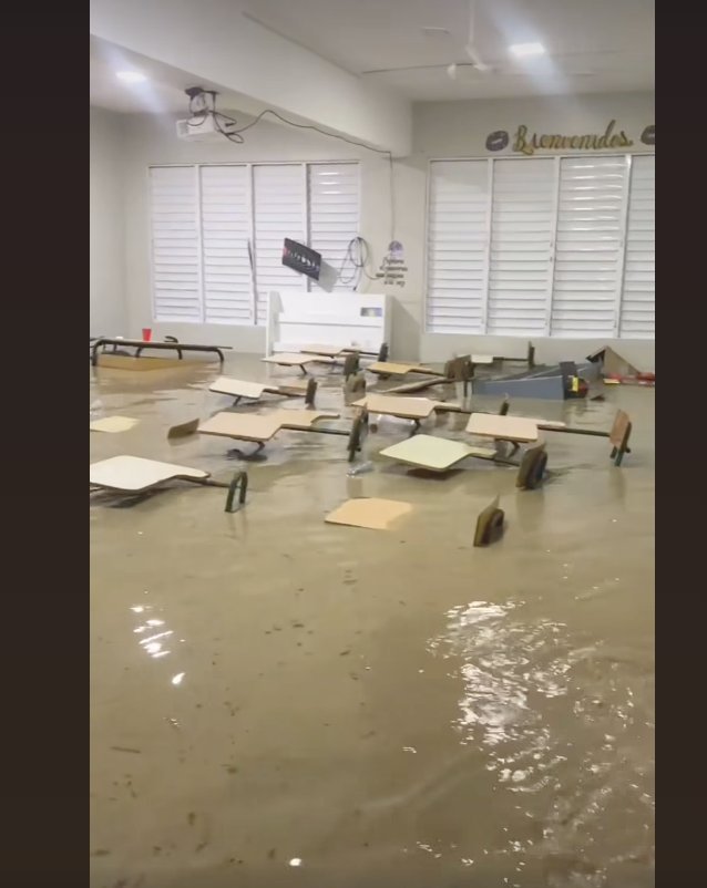 A Makarios classroom with desks floating in muddy floodwater. The word Bienvenidos is visible on the back wall.